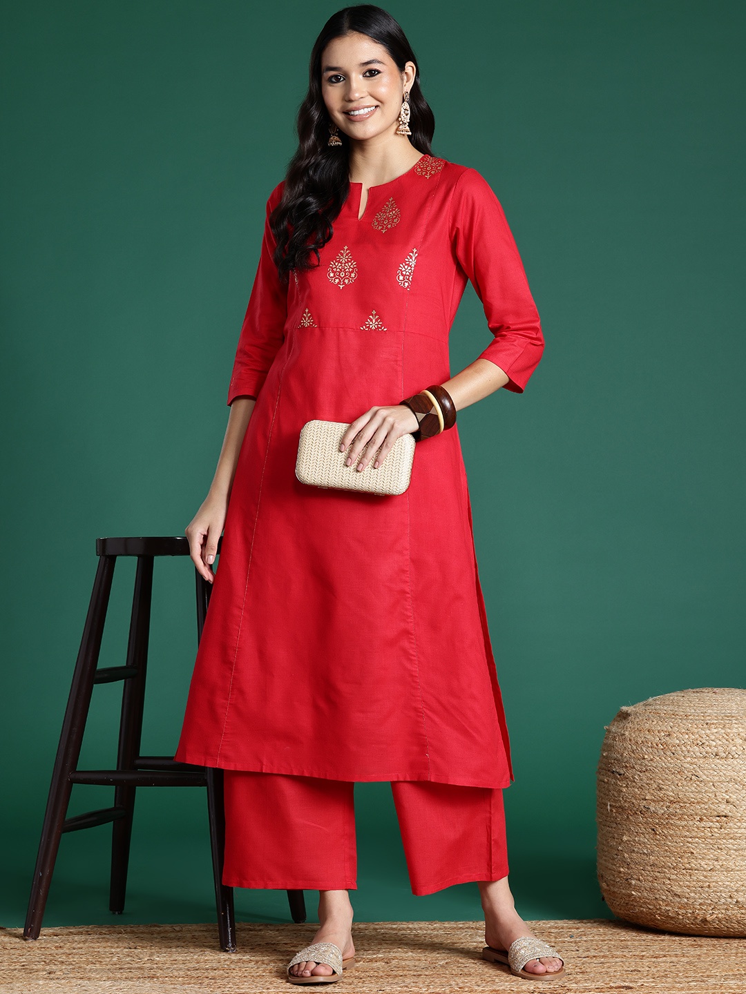 

Sangria Women Ethnic Motifs Printed Regular Pure Cotton Kurta with Palazzos, Red