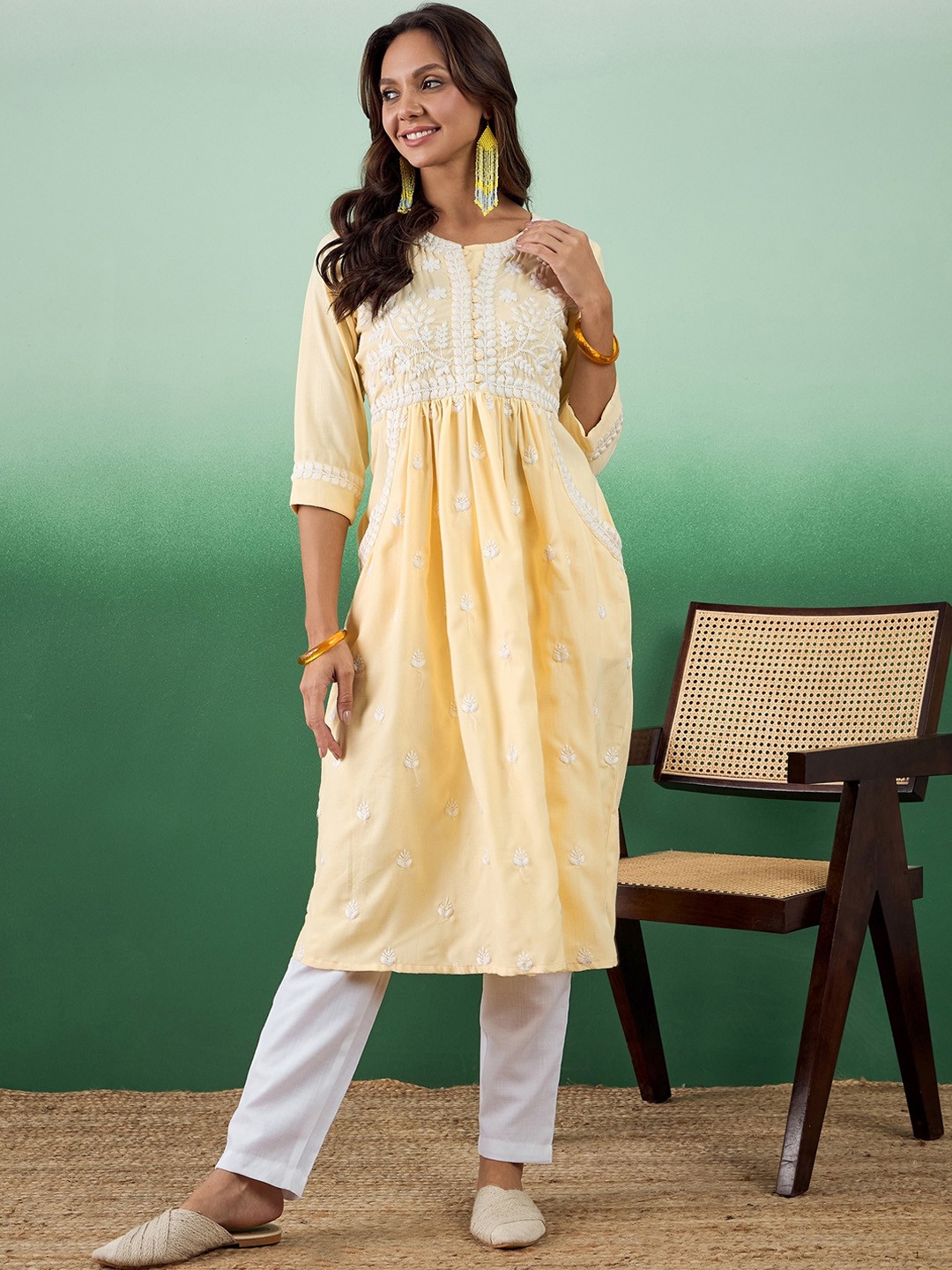 

Sangria Embroidered Anarkali Kurta With Trouser Set, Yellow