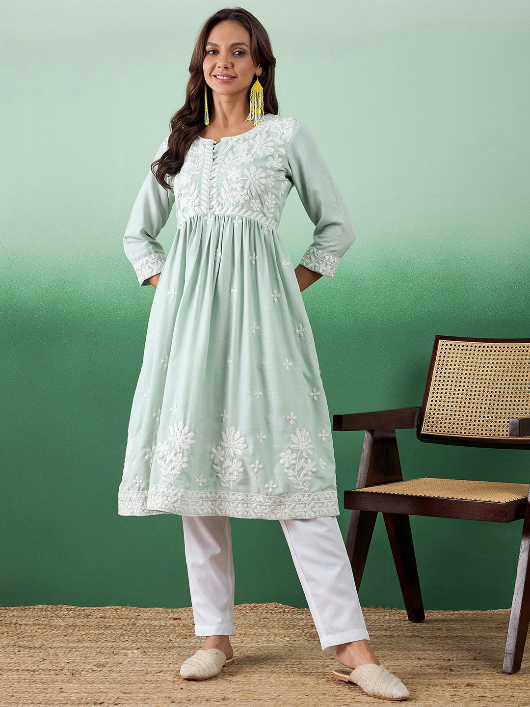 

Sangria Floral Embroidered Anarkali Kurta With Trouser, Green