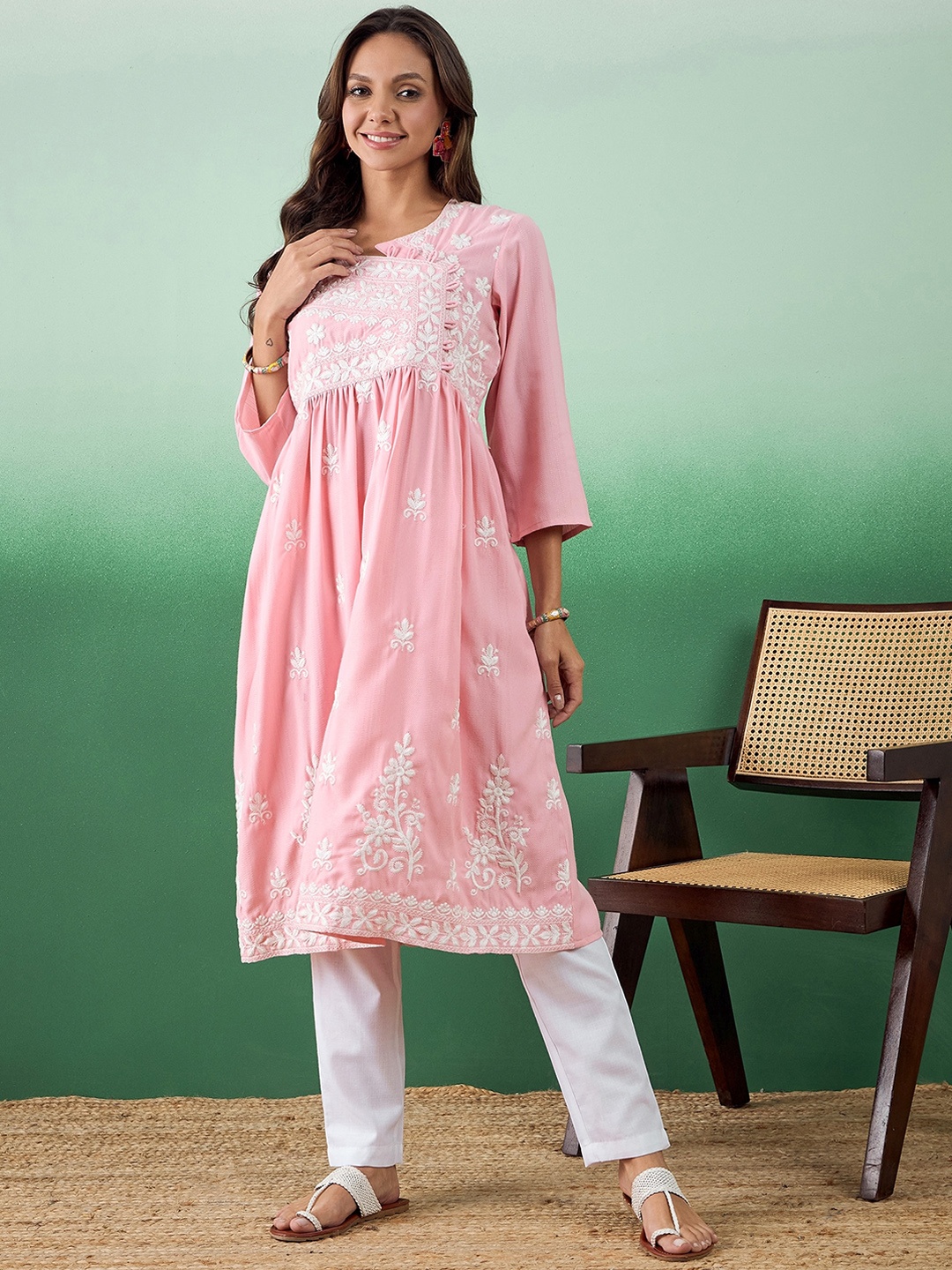 

Sangria Floral Embroidered Anarkali Kurta With Trouser, Pink