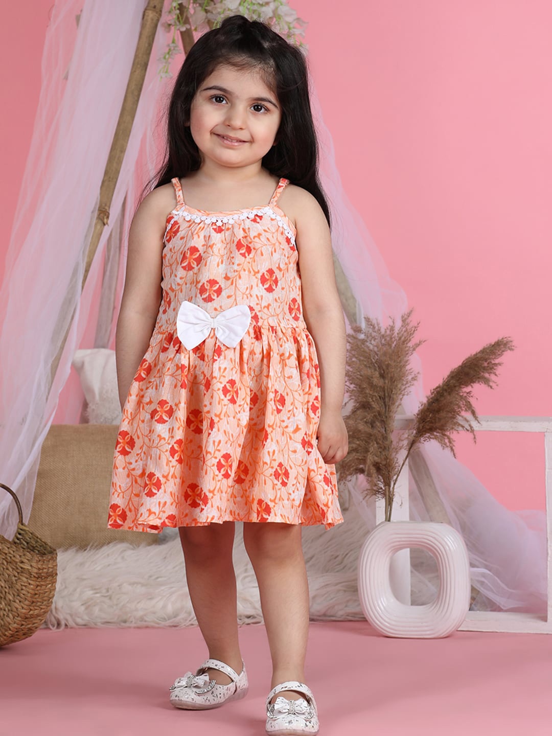 

Cutiekins Girls Floral Print Shoulder Straps Fit & Flare Dress, Orange