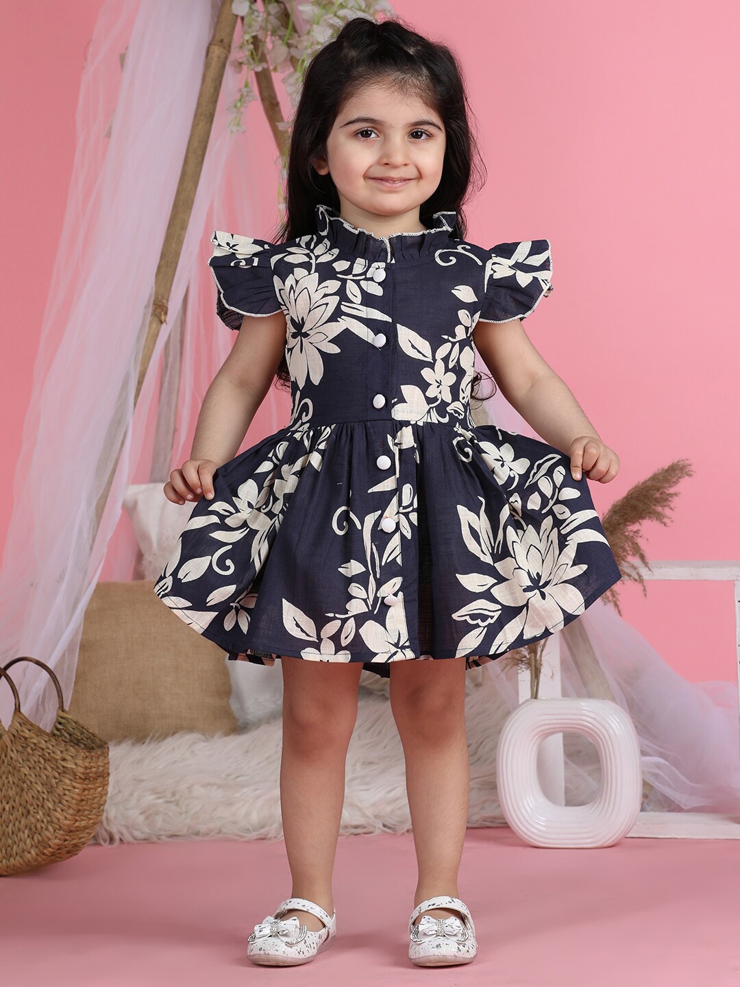 

Cutiekins Girls Floral Print Mock Neck Flutter Sleeve Fit & Flare Dress, Navy blue