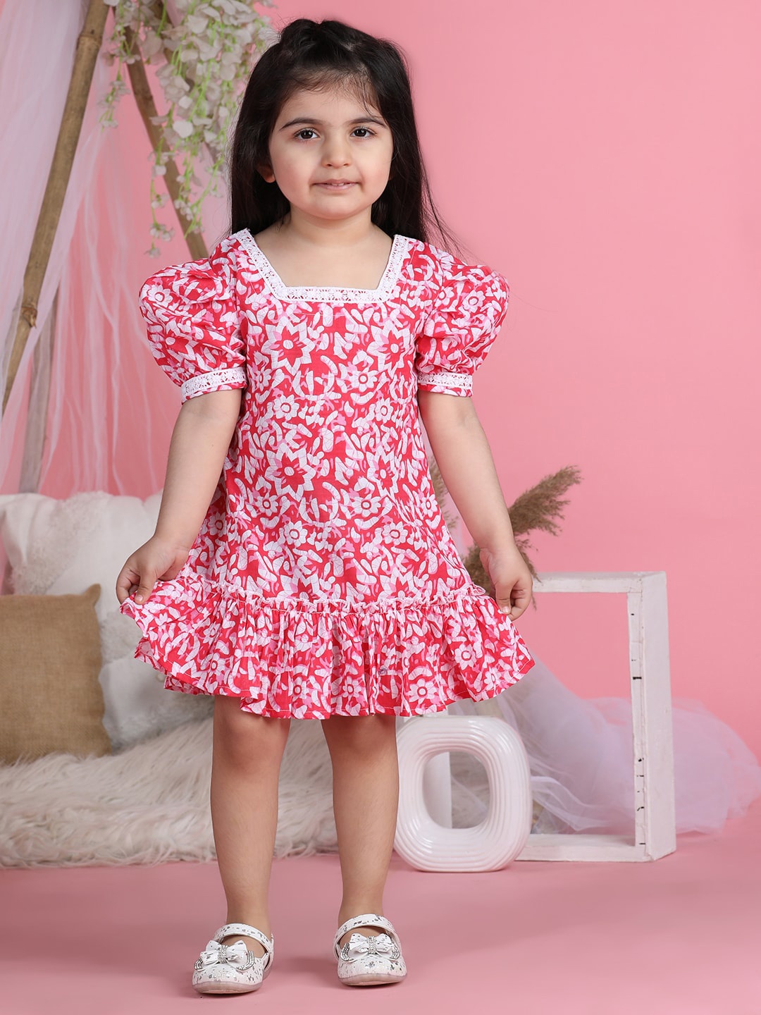 

Cutiekins Girls Floral Printed Cotton Flared Flutter Sleeve A-Line Dress, Pink