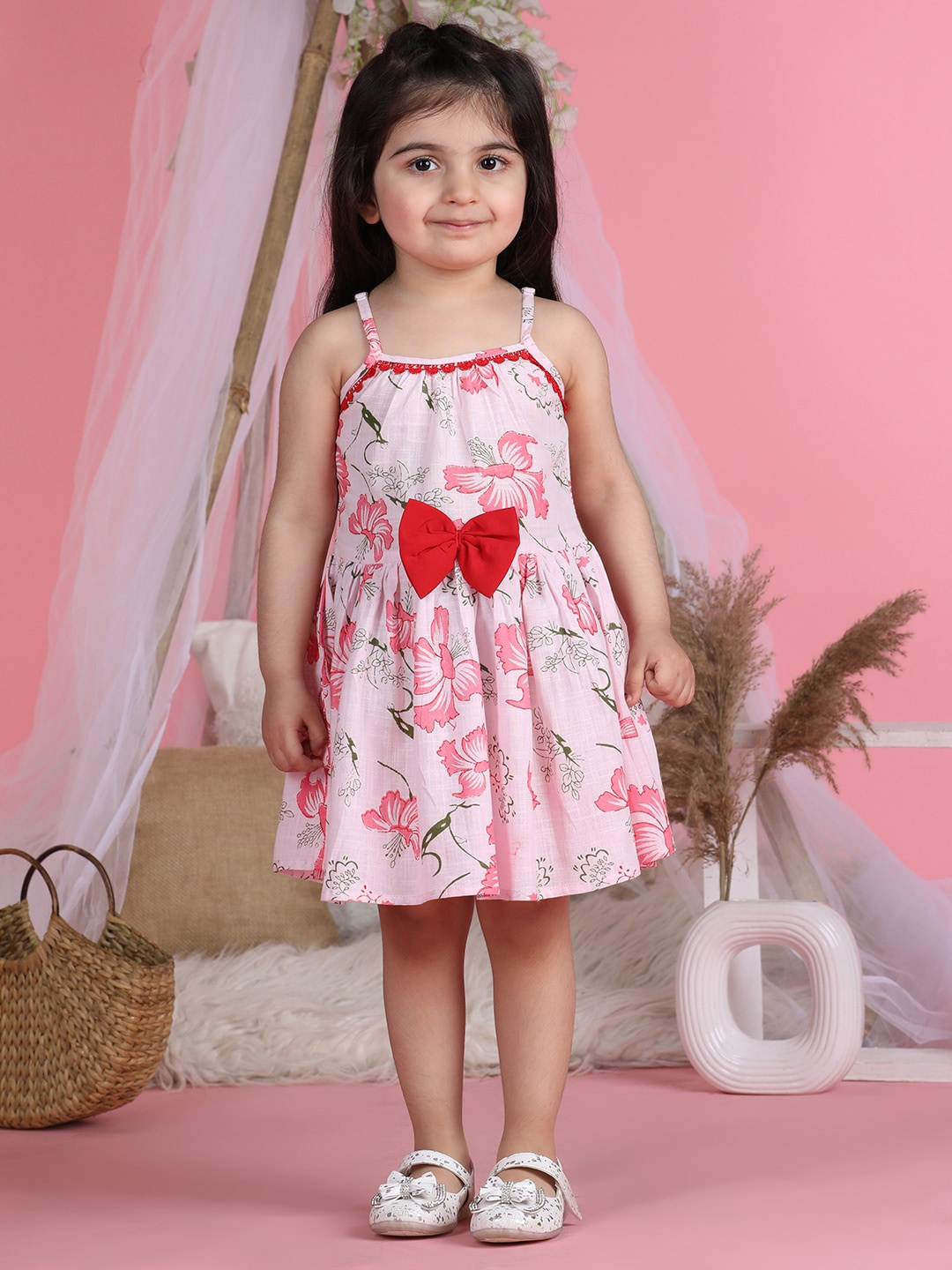 

Cutiekins Girls Floral Printed Cotton Shoulder Straps Flared Fit & Flare Dress, Pink