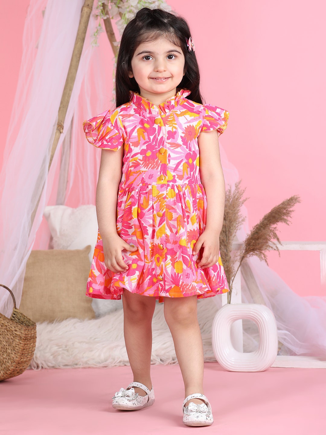 

Cutiekins Girls Floral Printed Cotton Flounce A-Line Dress, Pink