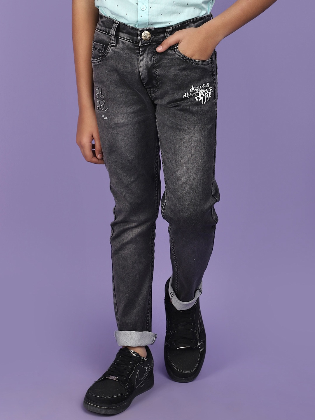 

V-Mart Boys Mid-Rise Low Distress Heavy Fade Jeans, Grey