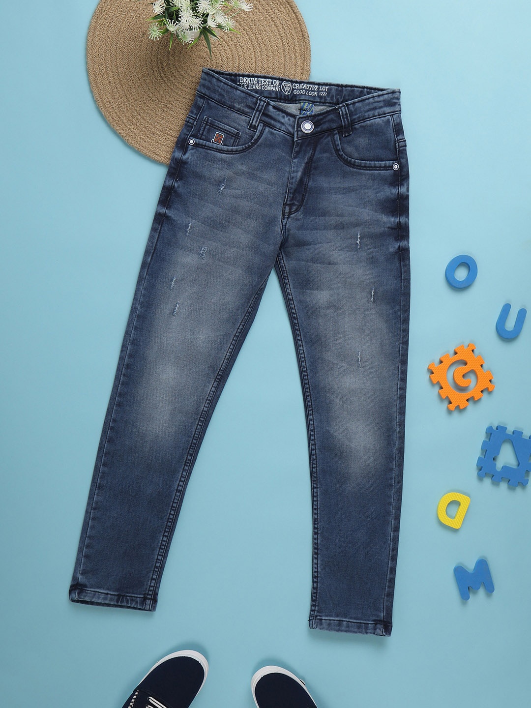 

V-Mart Boys Mid-Rise Low Distress Heavy Fade Cotton Jeans, Blue