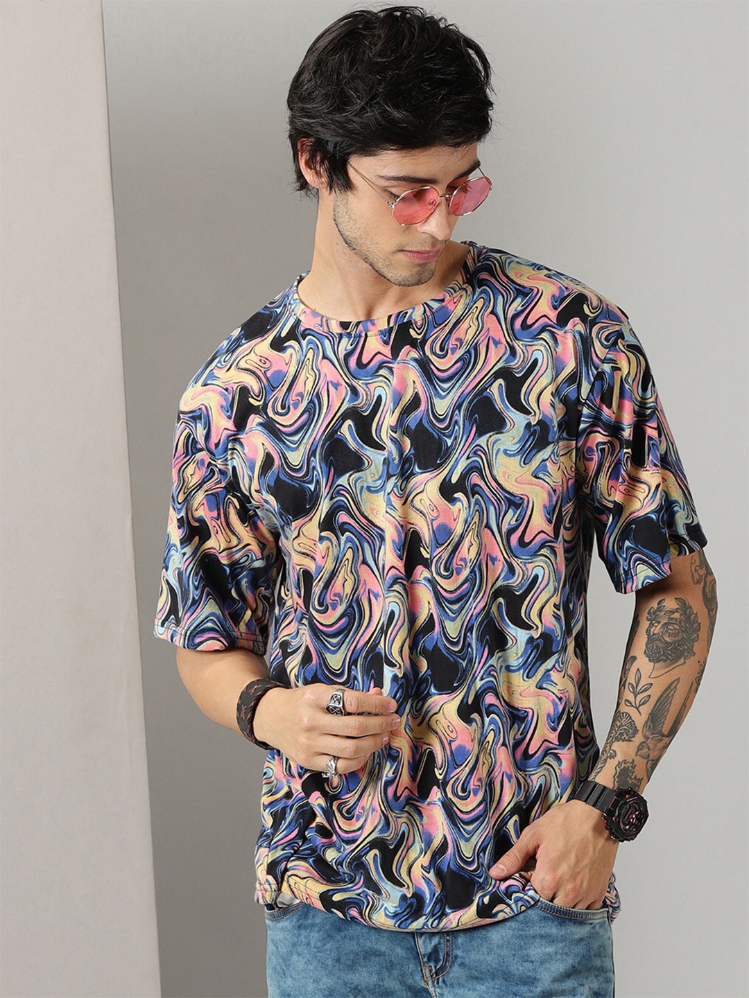 

Rodzen Floral Printed Round Neck Short Sleeves Cotton Casual T-shirt, Blue