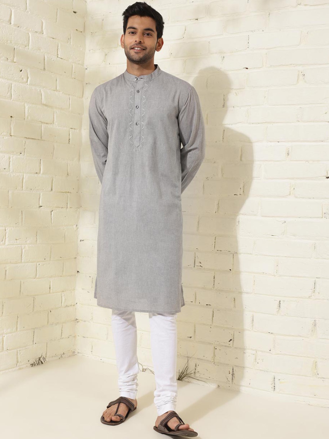 

Fabindia Comfort Fit Band Collar Cotton Straight Kurta, Grey