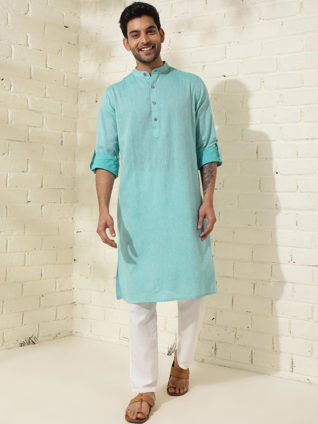 

Fabindia Woven Designed Comfort Fit Band Collar Cotton Straight Kurta, Turquoise blue