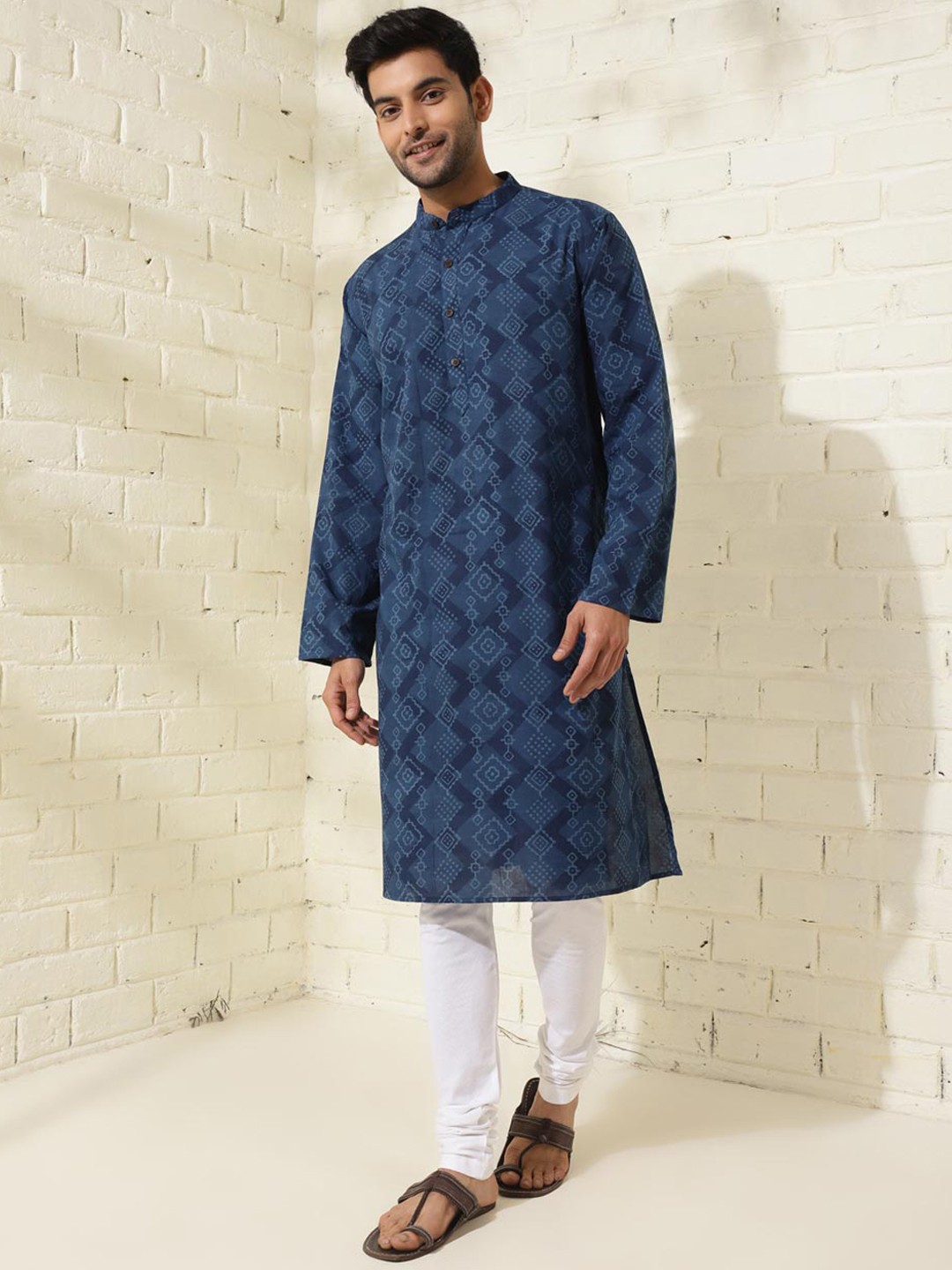 

Fabindia Ethnic Motifs Printed Comfort Fit Comfort Fit Cotton Straight Kurta, Blue