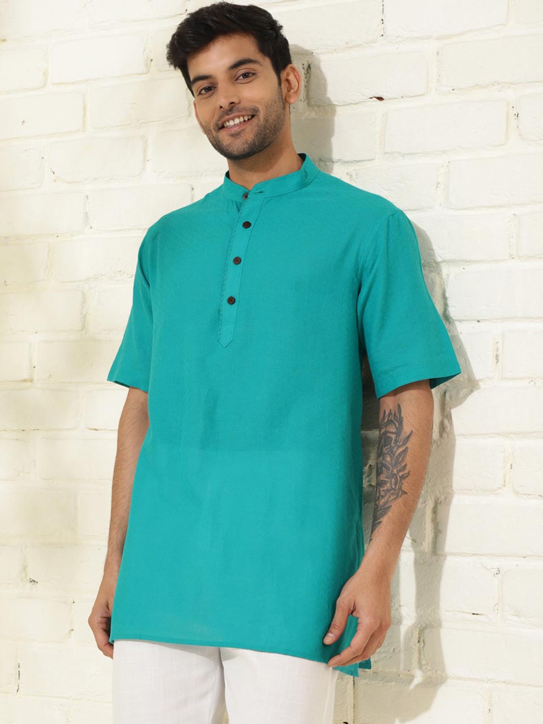 

Fabindia Woven Designed Comfort Fit Band Collar Cotton Straight Kurta, Teal