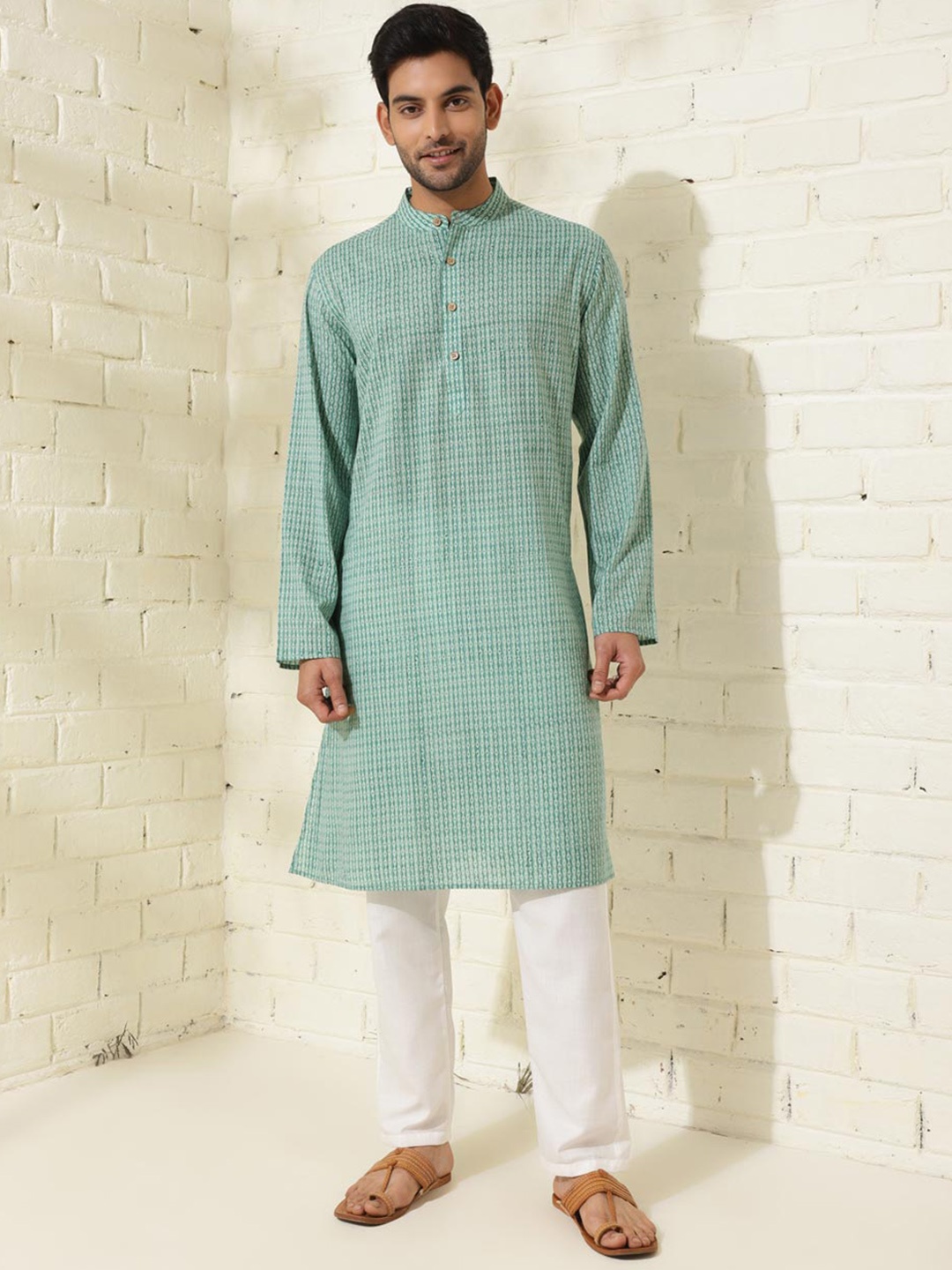 

Fabindia Geometric Printed Comfort Fit Band Collar Cotton Straight Kurta, Green