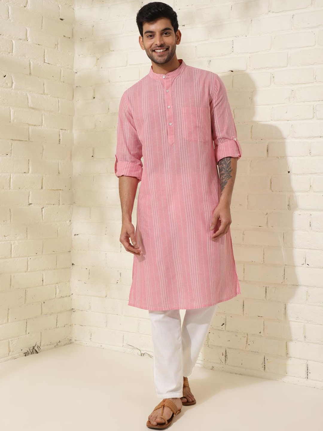 

Fabindia Striped Slim Fit Band Collar Cotton Straight Kurta, Pink