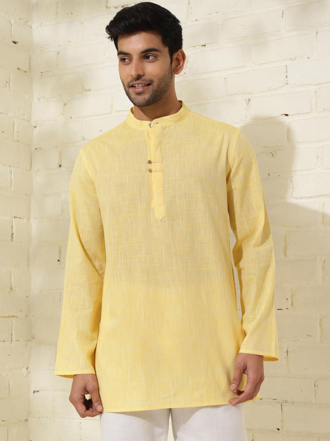 

Fabindia Band Collar Cotton Straight Kurta, Yellow