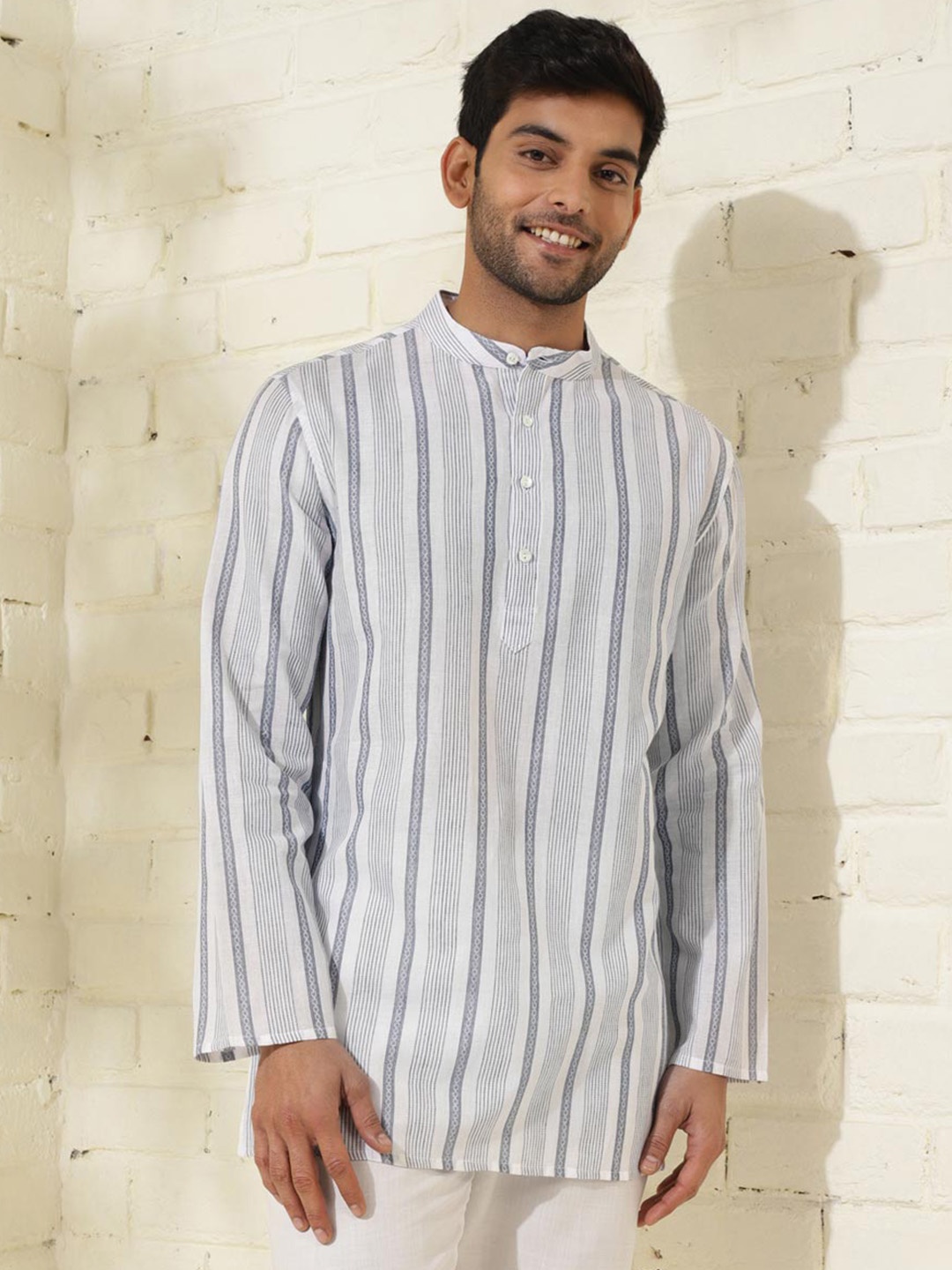 

Fabindia Striped Band Collar Cotton Straight Kurta, White