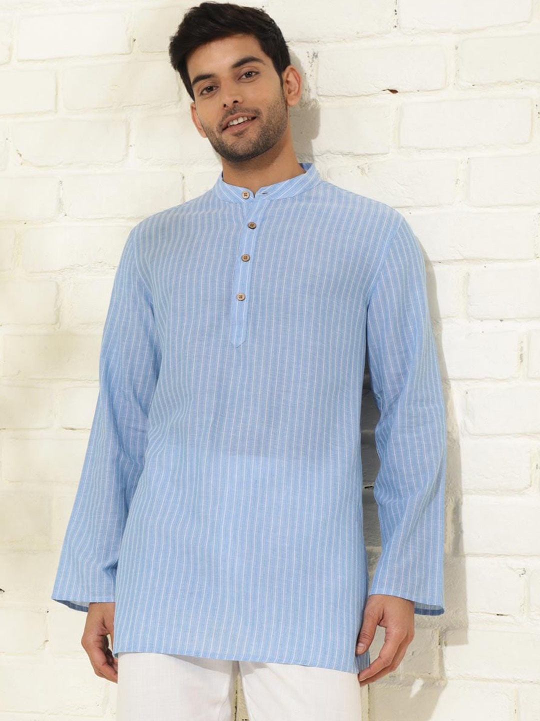 

Fabindia Striped Band Collar Cotton Straight Kurta, Blue