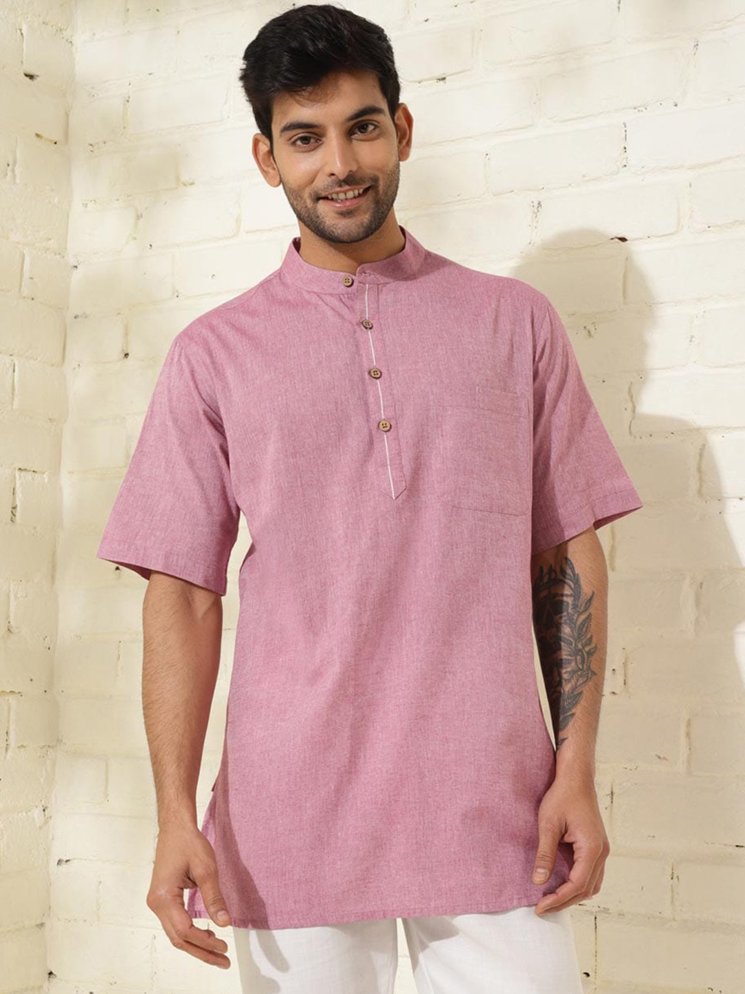 

Fabindia Band Collar Cotton Straight Kurta, Pink