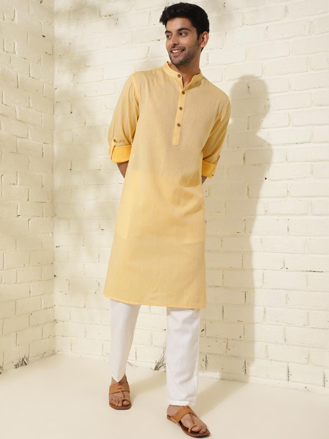 

Fabindia Band Collar Comfort Fit Pure Cotton Straight Kurta, Yellow