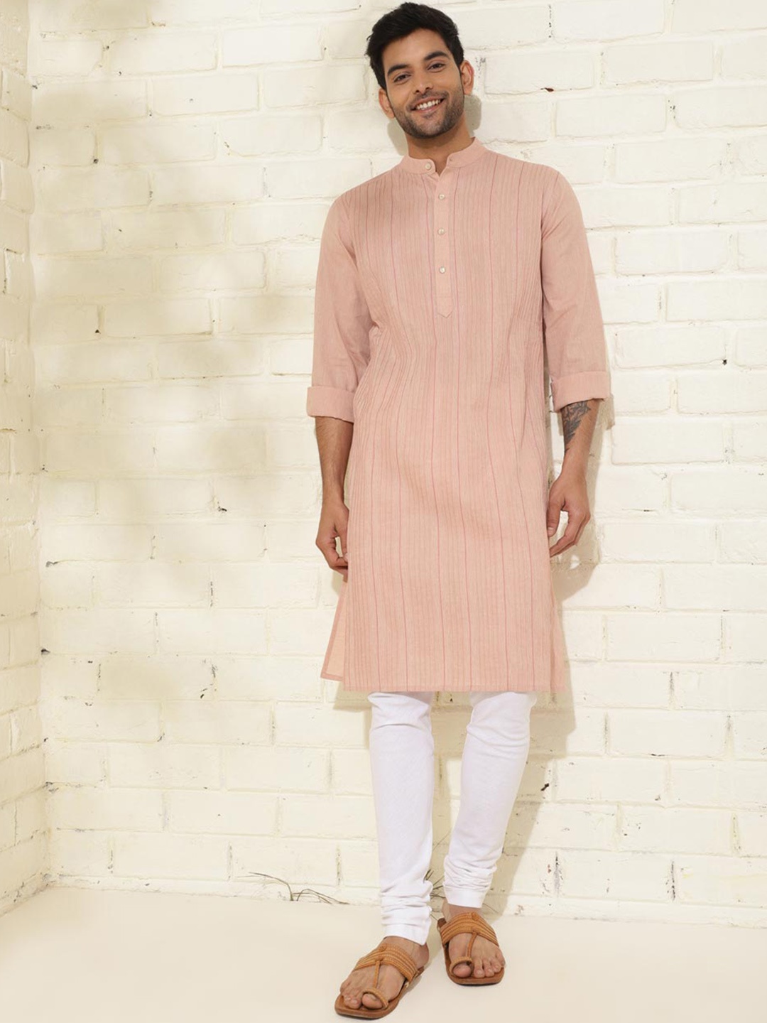 

Fabindia Striped Slim Fit Thread Work Pure Cotton Straight Kurta, Peach