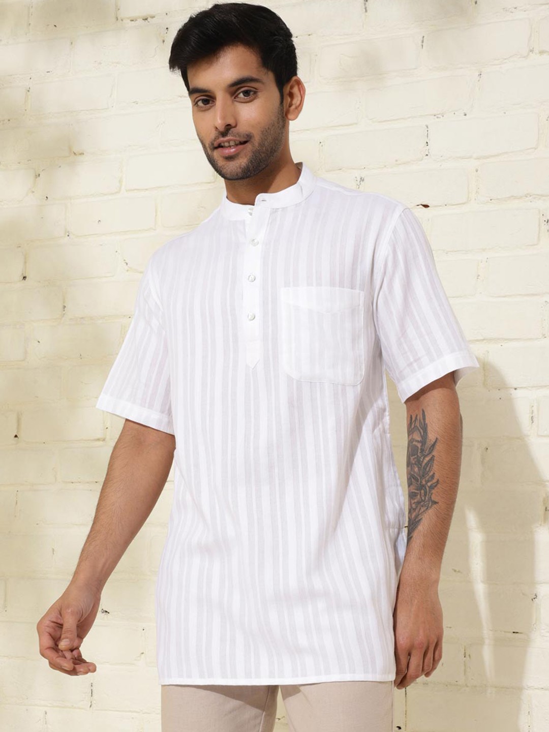 

Fabindia Striped Band Collar Pure Cotton Straight Kurta, White