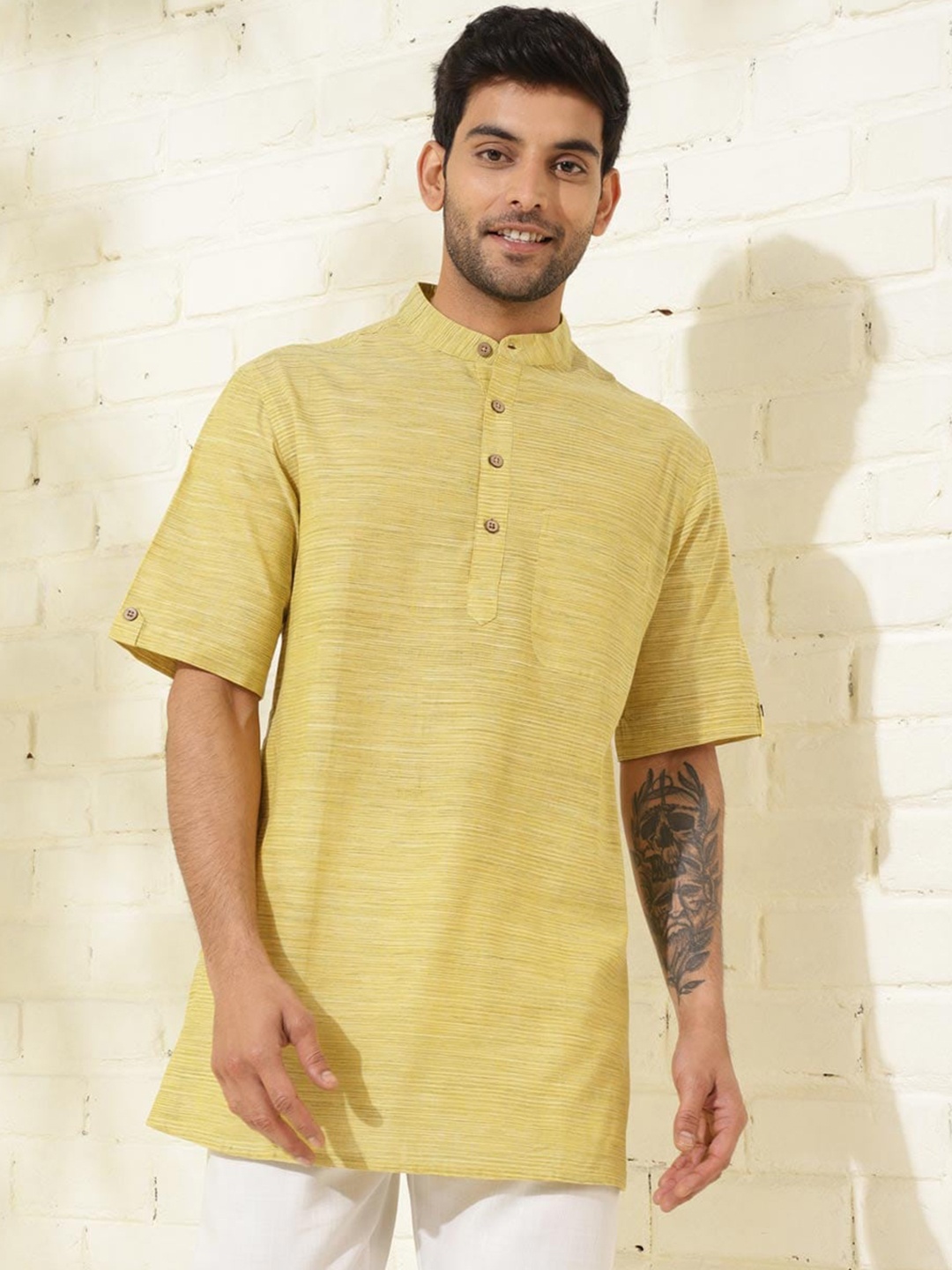 

Fabindia Band Collar Pure Cotton Straight Kurta, Yellow