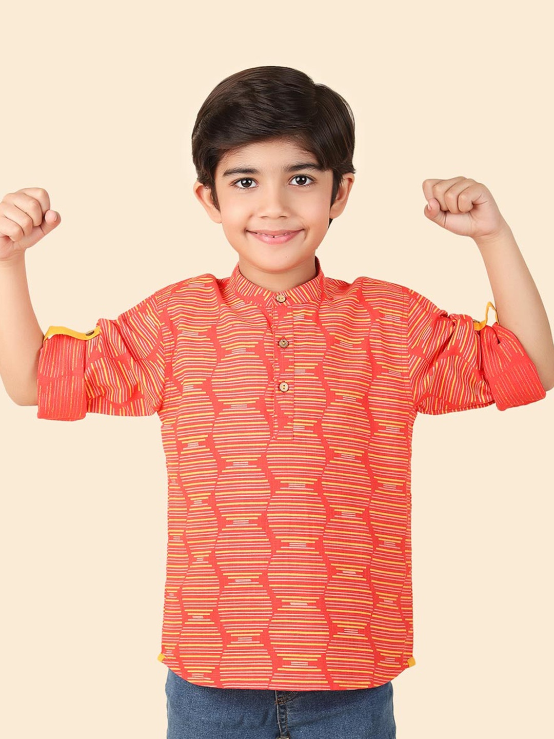 

Fabindia Boys Striped Pure Cotton Straight Kurta, Red