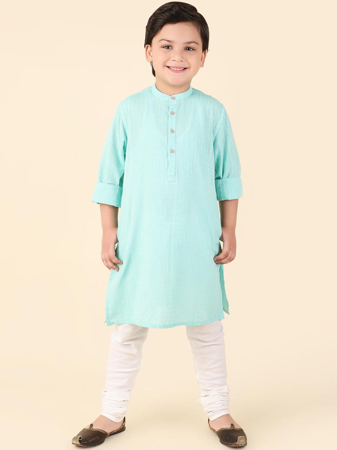 

Fabindia Boys Striped Embroidered Cotton Straight Kurta, Blue