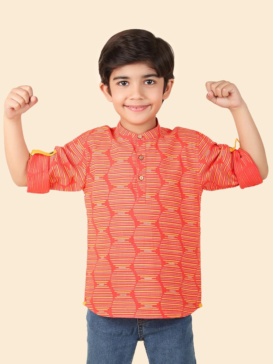 

Fabindia Boys Striped Pure Cotton Straight Kurta, Red