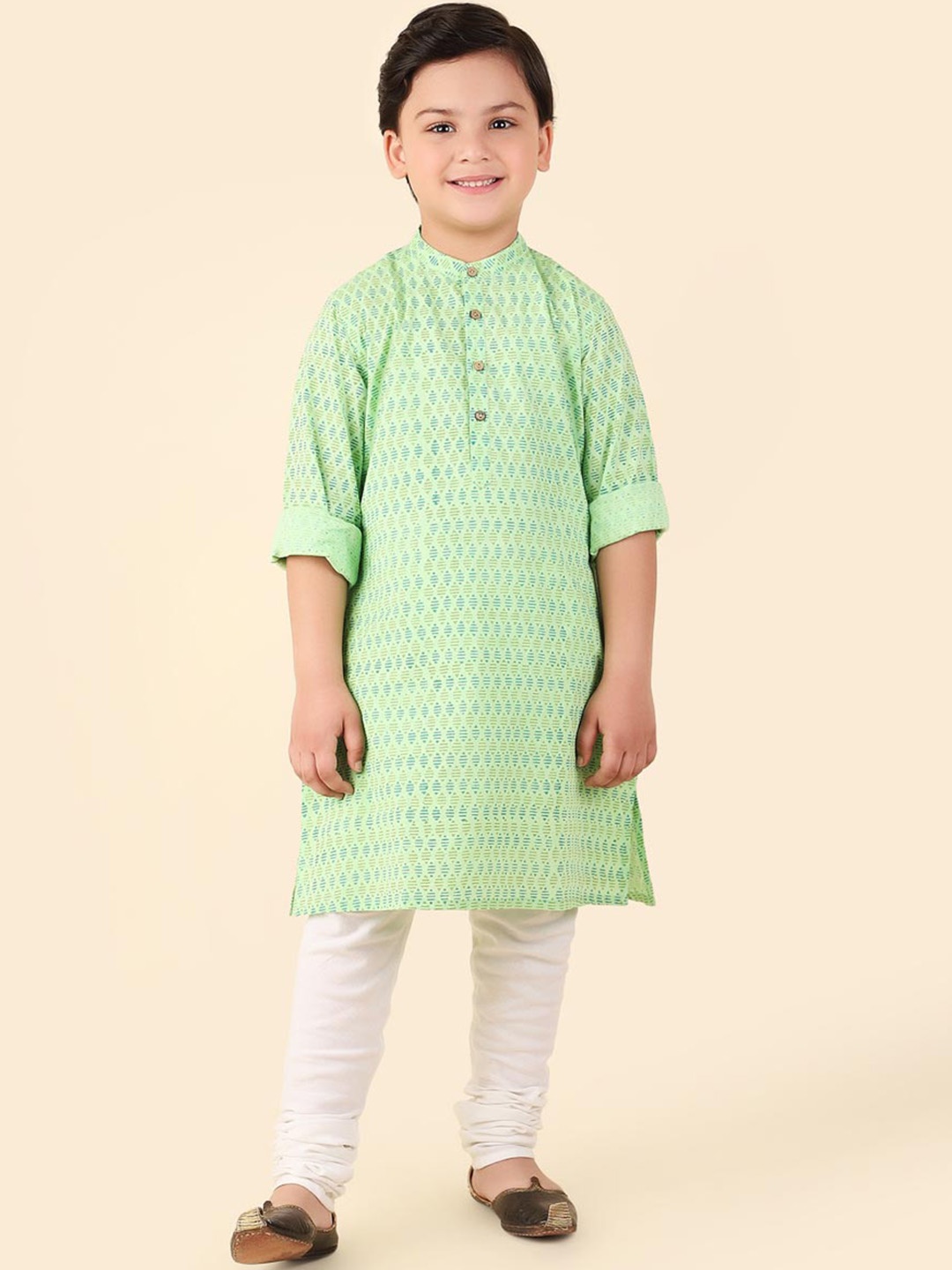 

Fabindia Boys Geometric Hand Block Printed Cotton Straight Kurta, Green