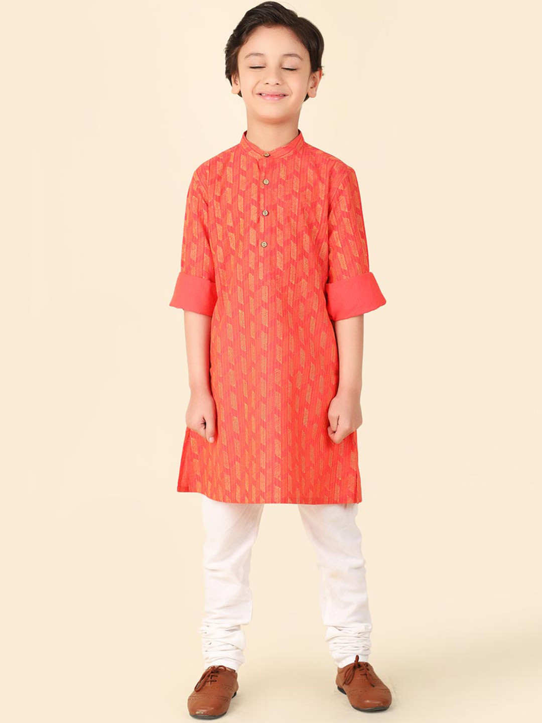 

Fabindia Boys Ethnic Motif Block Printed Pure Cotton Straight Kurta, Red