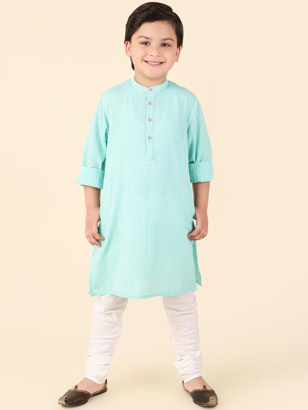 

Fabindia Boys Striped Cotton Straight Kurta, Turquoise blue