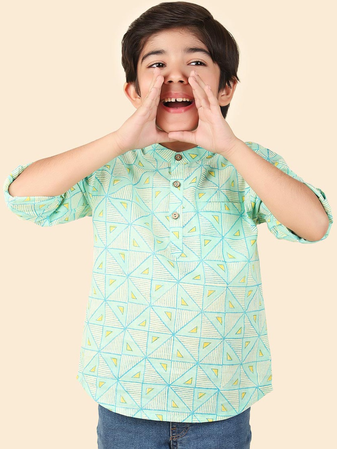 

Fabindia Boys Geometric Printed Cotton Short Kurta, Turquoise blue