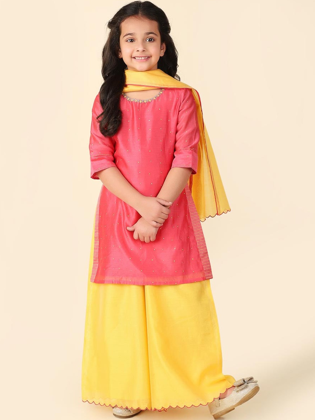 

Fabindia Girls Ethnic Motifs Printed Cotton Silk Regular Kurta with Palazzos & Dupatta, Pink