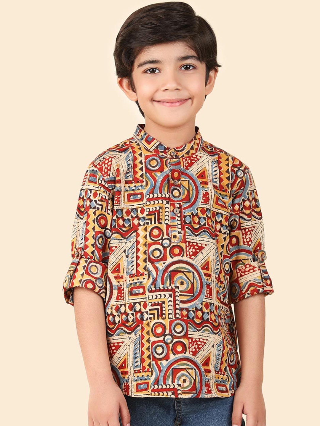 

Fabindia Boys Ethnic Motifs Kalamkari Printed Pure Cotton Straight Kurta, Maroon