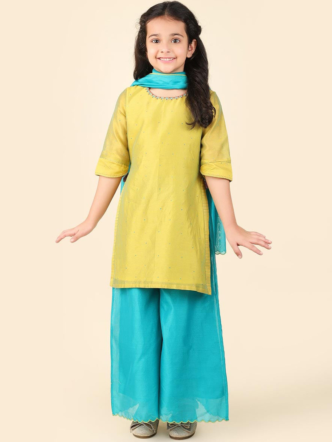 

Fabindia Girls Block Printed Thread Work Cotton Silk Kurta with Palazzos & Dupatta, Green