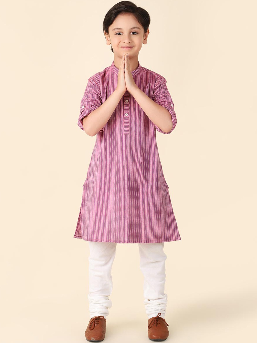 

Fabindia Boys Striped Pure Cotton Straight Kurta, Purple