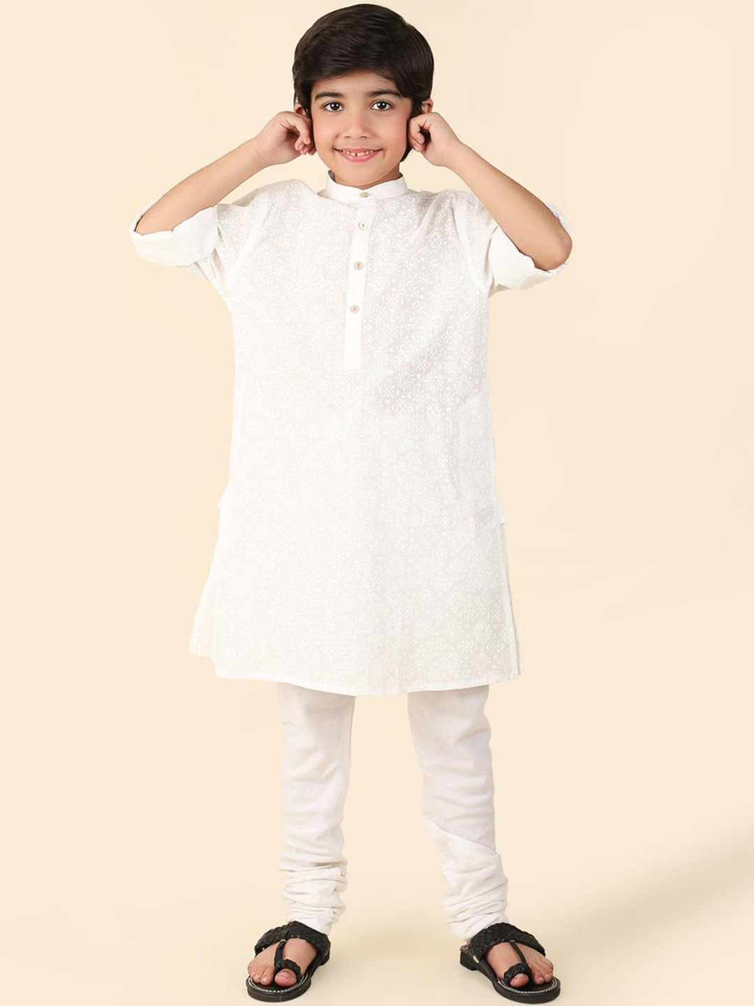 

Fabindia Boys Geometric Hand Block Printed Cotton Straight Kurta, White