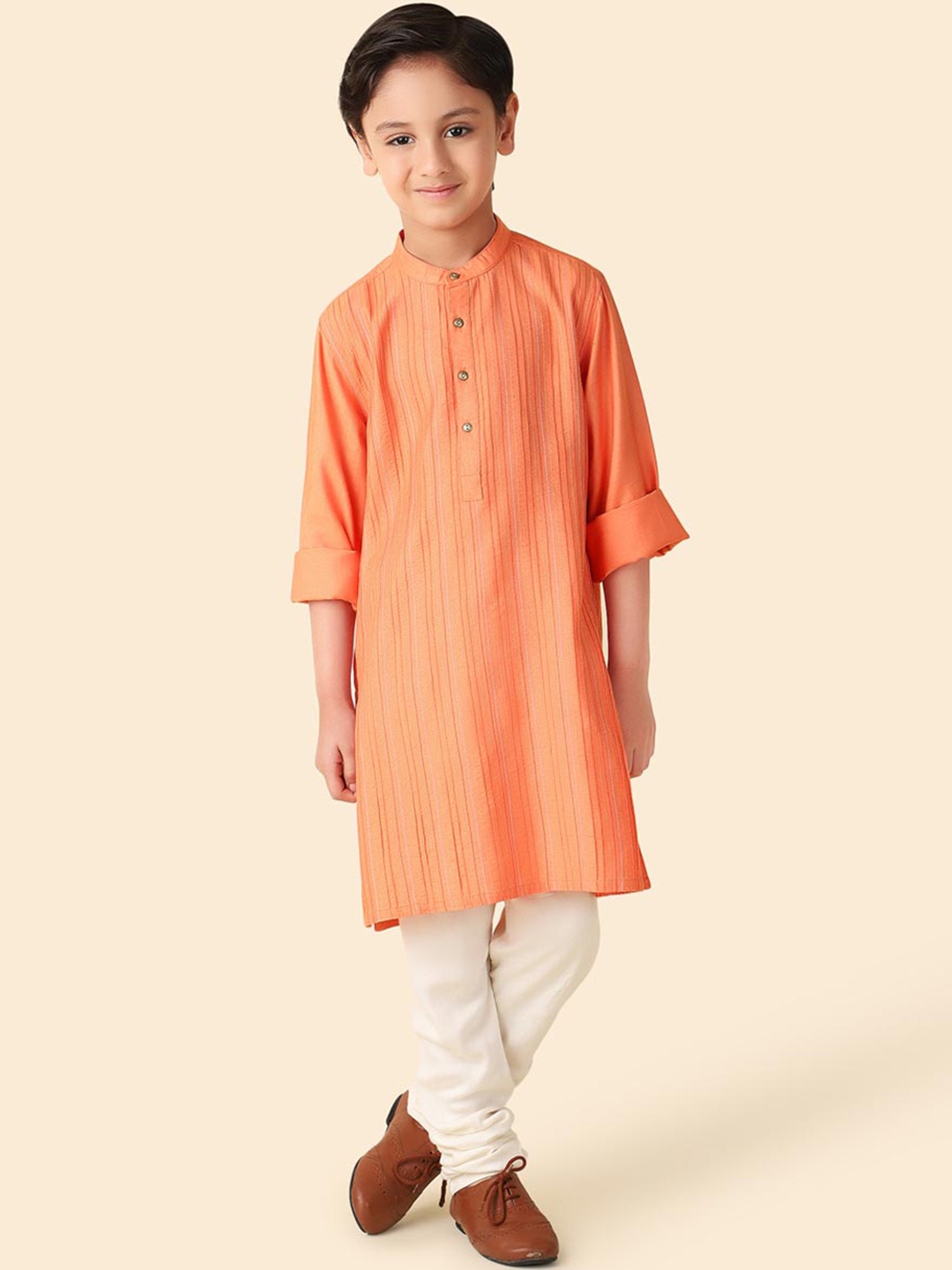 

Fabindia Boys Striped Mandarin Collar Straight Kurta, Orange
