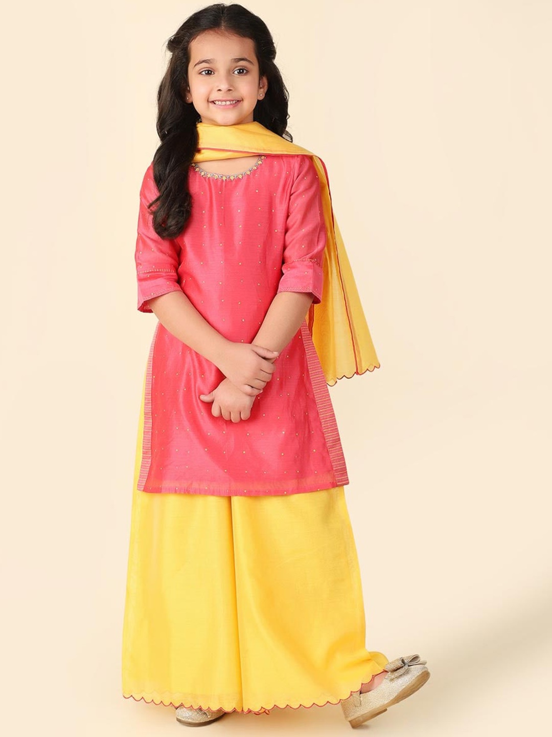 

Fabindia Girls Printed Thread Work Cotton Silk Kurta with Palazzos & Dupatta, Pink
