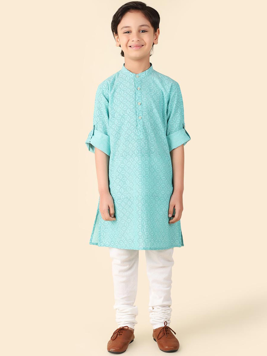 

Fabindia Boys Geometric Printed Pure Cotton Straight Kurta, Teal