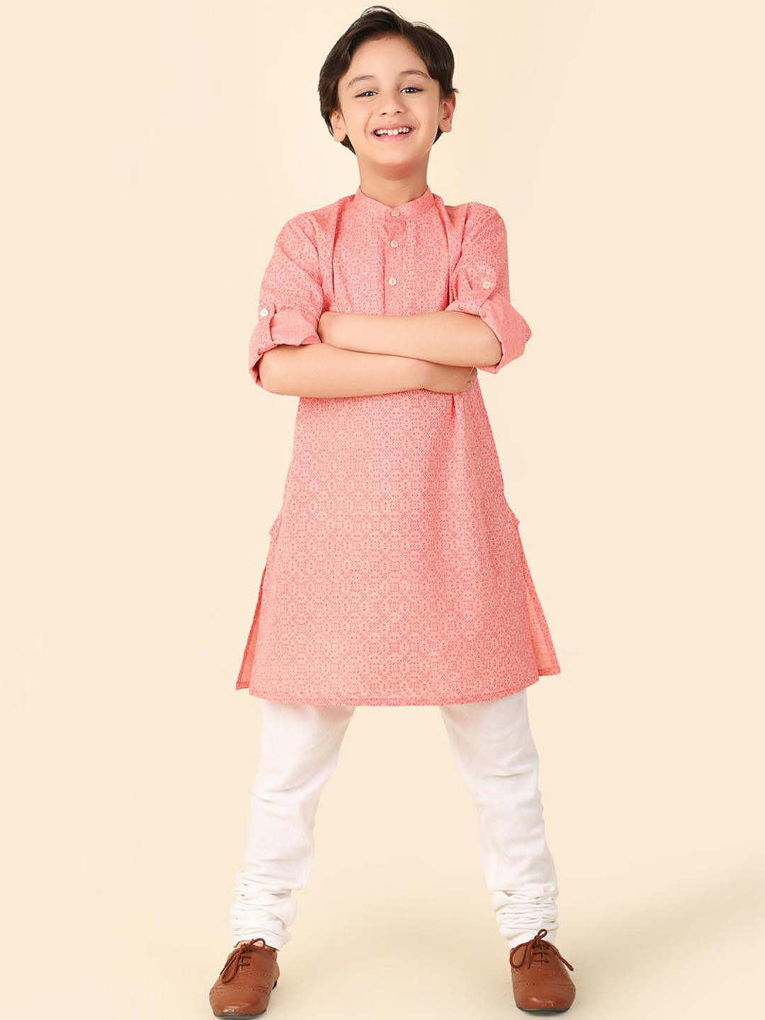 

Fabindia Boys Geometric Hand Block Printed Cotton Straight Kurta, Pink