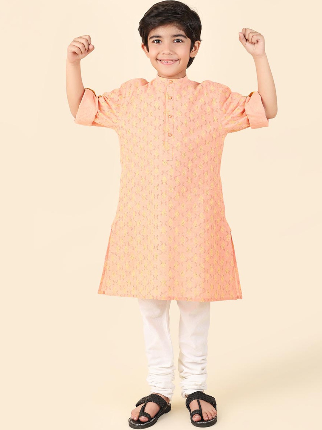 

Fabindia Boys Ethnic Motif Block Printed Pure Cotton Straight Kurta, Peach