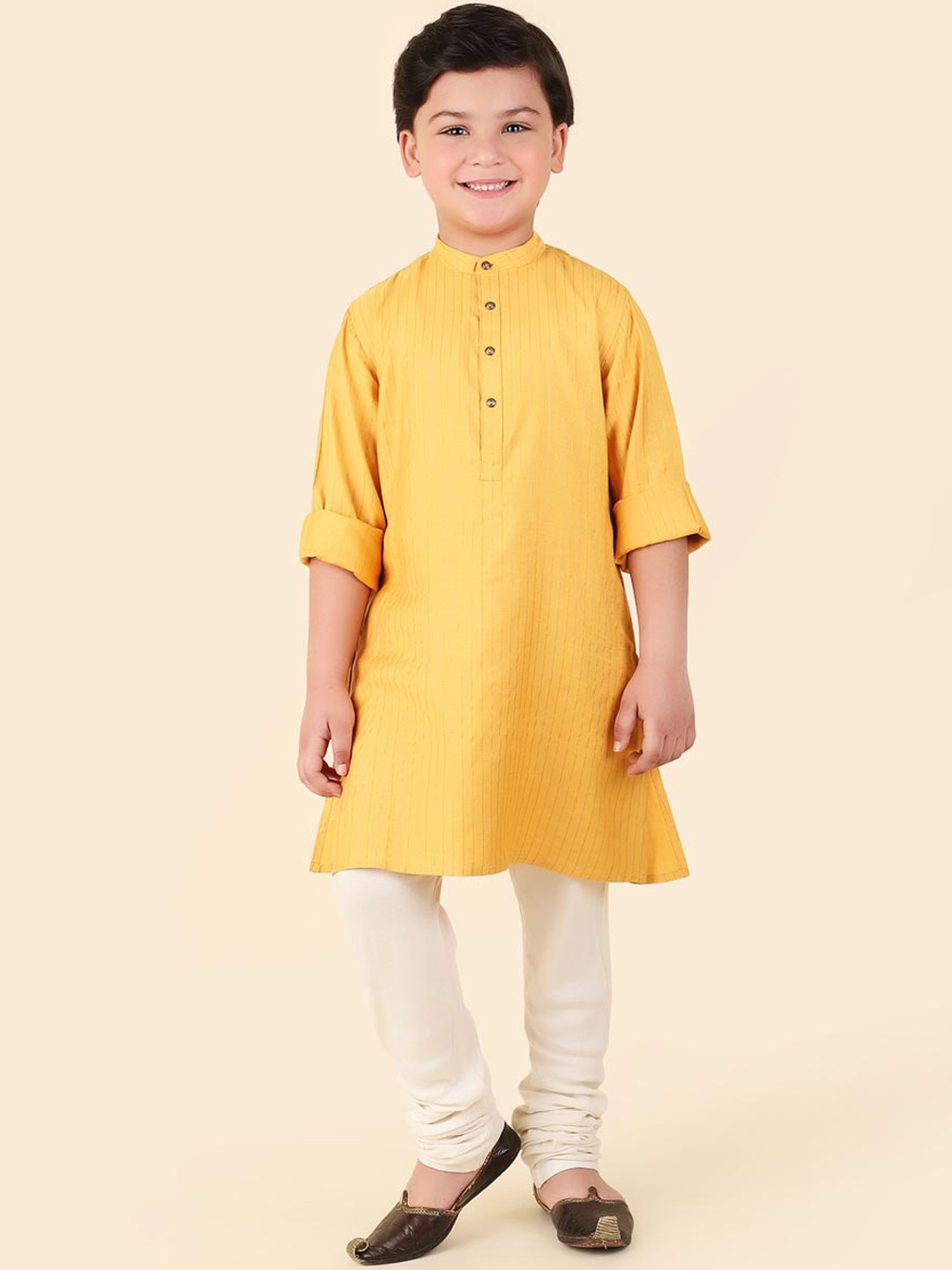 

Fabindia Boys Striped Band Collar Long Sleeves Straight Kurta, Yellow