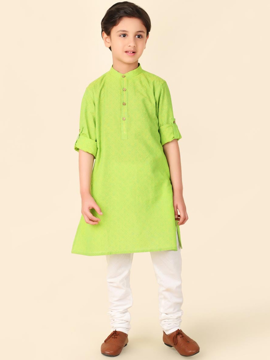 

Fabindia Boys Geometric Woven Design Cotton Straight Kurta, Lime green