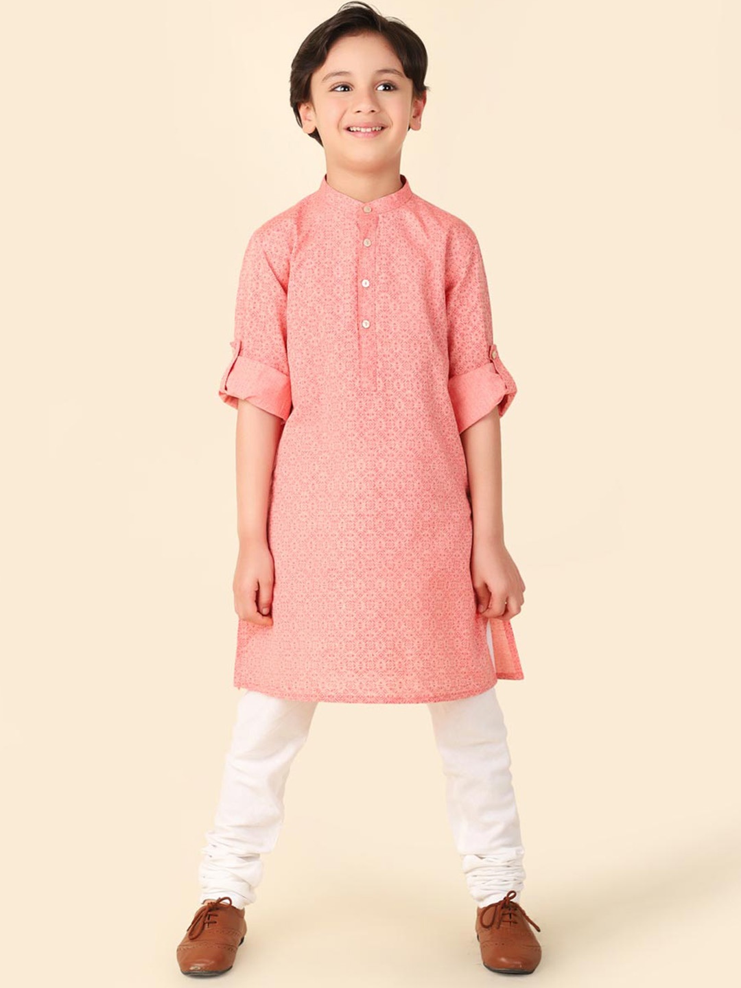 

Fabindia Boys Geometric Hand Block Printed Cotton Straight Kurta, Pink