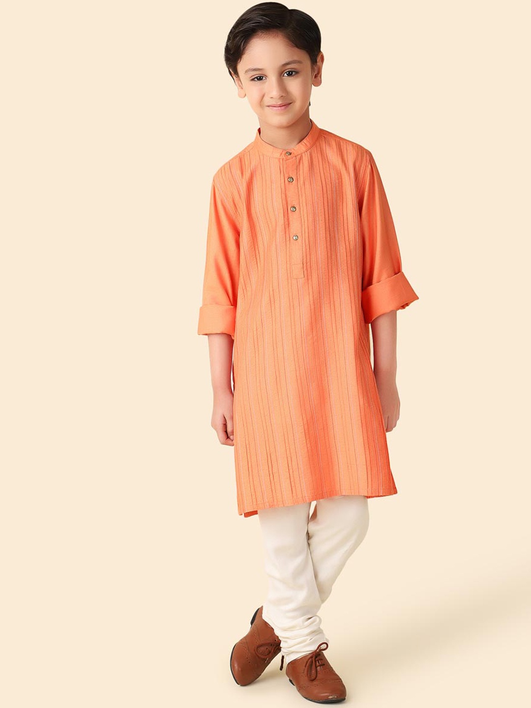 

Fabindia Boys Striped Straight Kurta, Orange