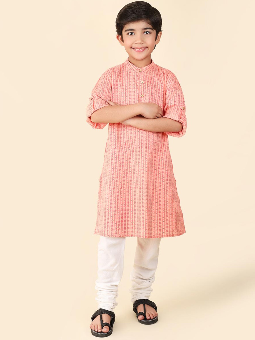 

Fabindia Boys Geometric Printed Band Collar Cotton Straight Kurta, Peach