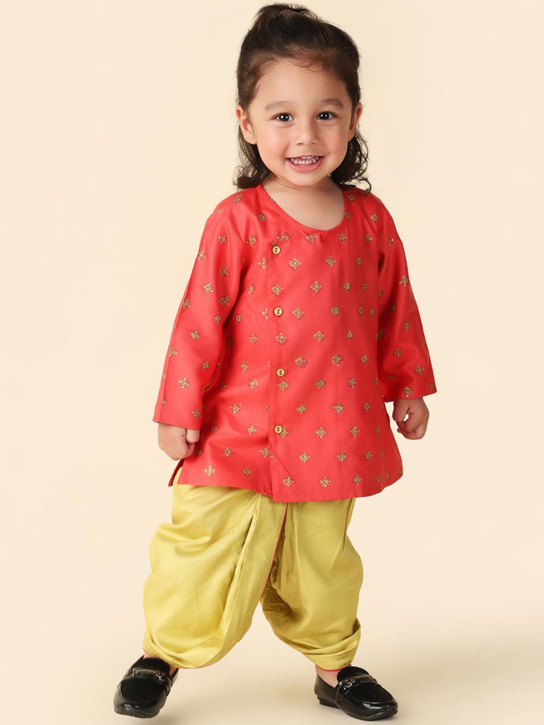 

Fabindia Boys Ethnic Motifs Block Printed Angrakha Kurta with Dhoti Pants, Red