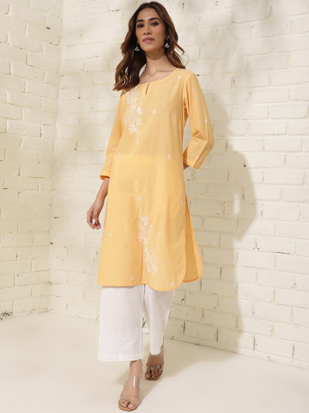 

Fabindia Floral Embroidered Cotton Strigth Kurta, Yellow